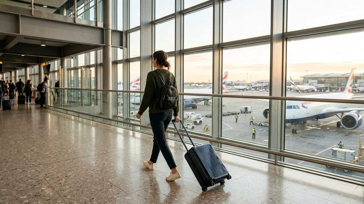 Traveler walking through a modern airport terminal