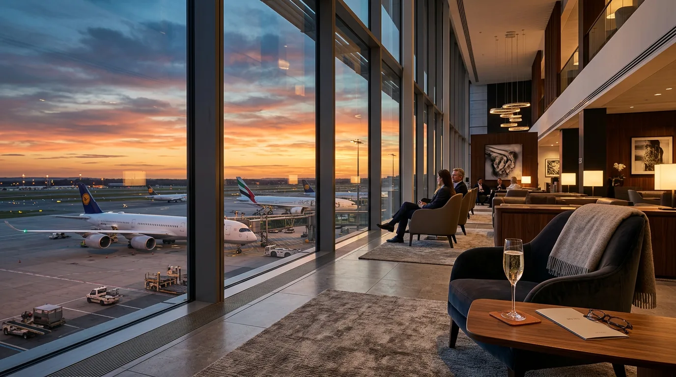 Premium airline lounge with floor-to-ceiling windows showing airplanes at sunset