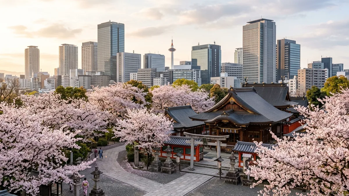 Japanese scenery with cherry blossoms and modern skyline