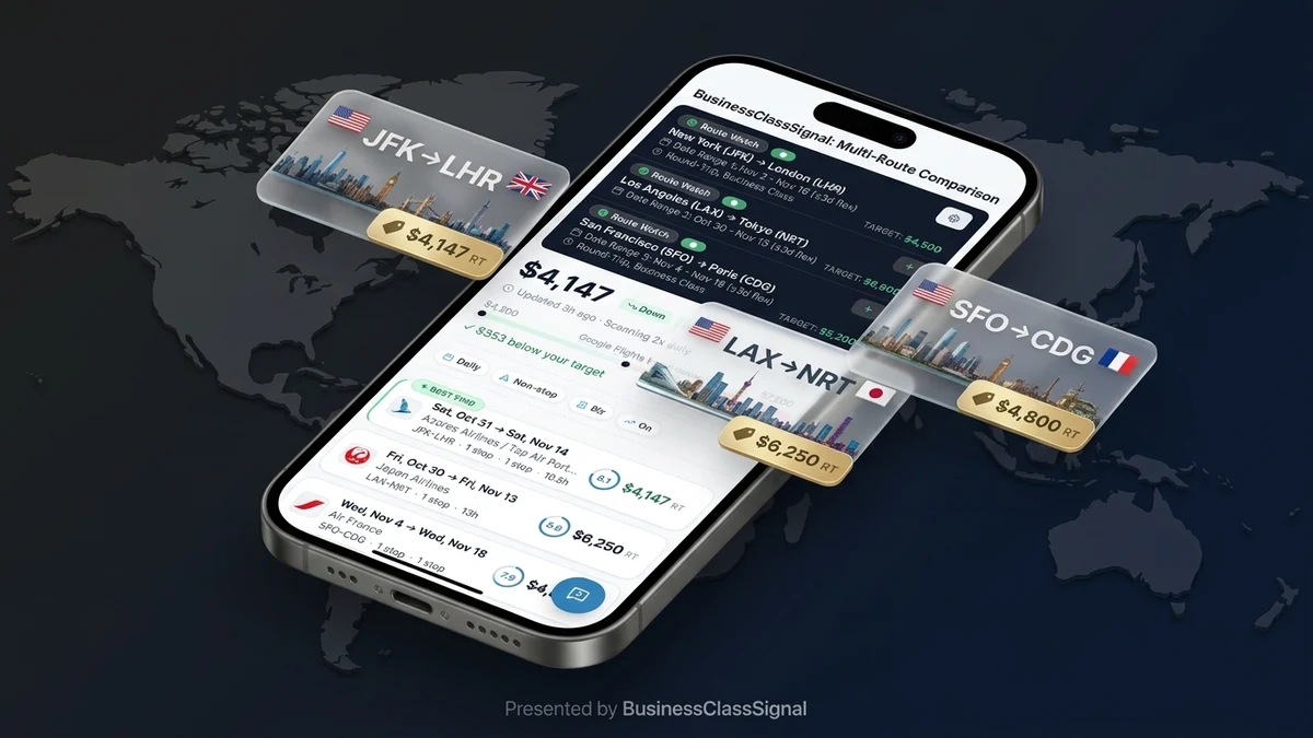 BusinessClassSignal route comparison with 3D floating glassmorphic city-pair cards