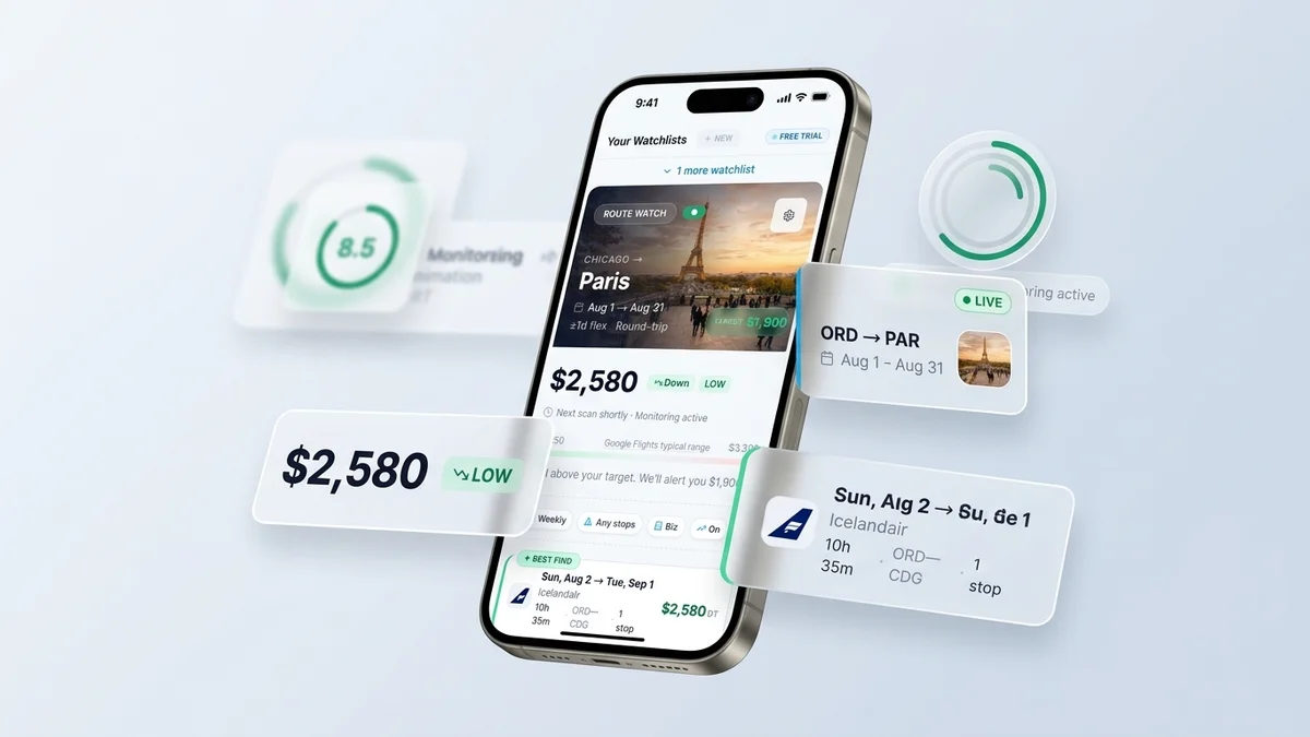 BusinessClassSignal dashboard showing live watchlist monitoring with price alerts on laptop and phone