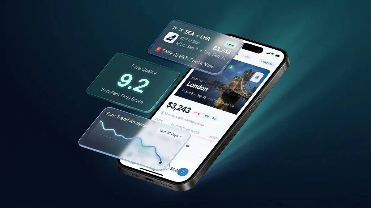 BusinessClassSignal London watchlist with 3D floating fare alert cards in Apple-style presentation