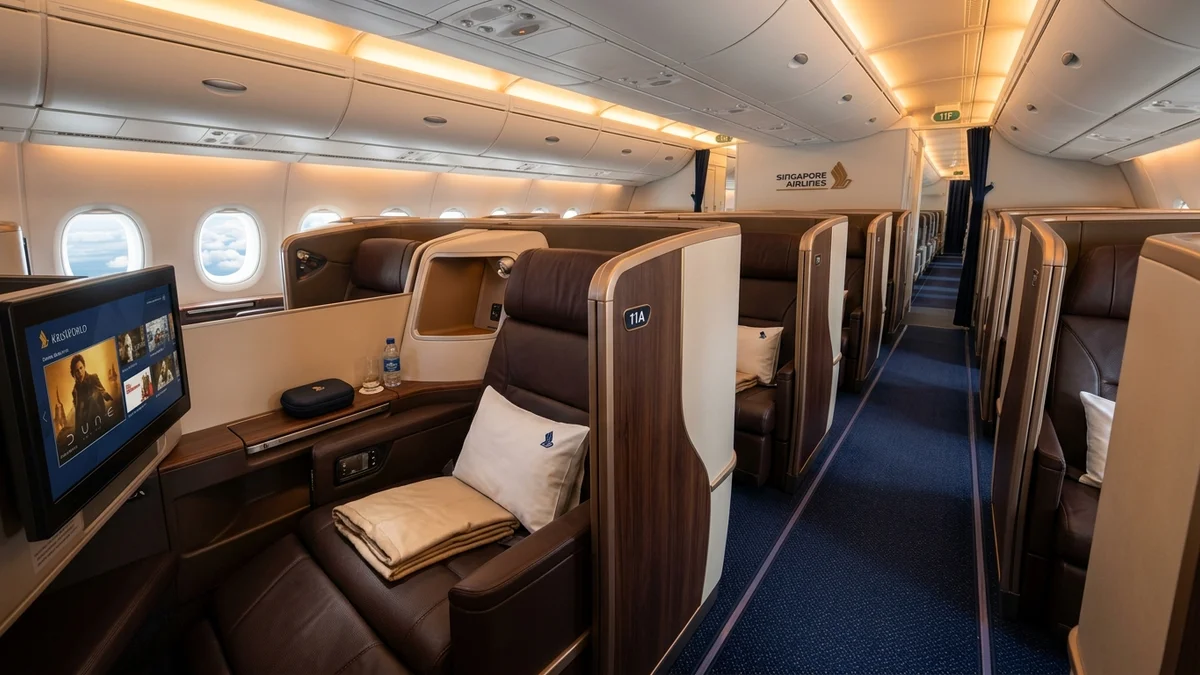 Singapore Airlines Business Class cabin — KrisWorld IFE, mahogany wood panels, 1-1-1 layout
