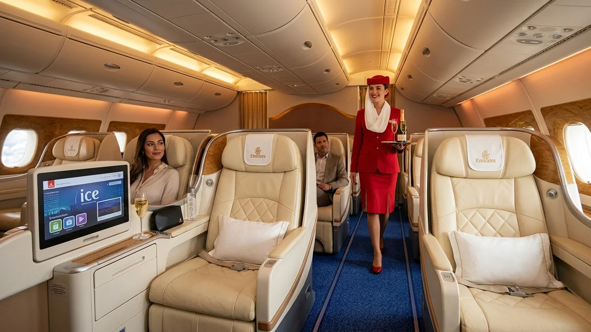 Emirates Business Class A380 upper deck — cream leather seats, ICE entertainment, flight attendant with champagne