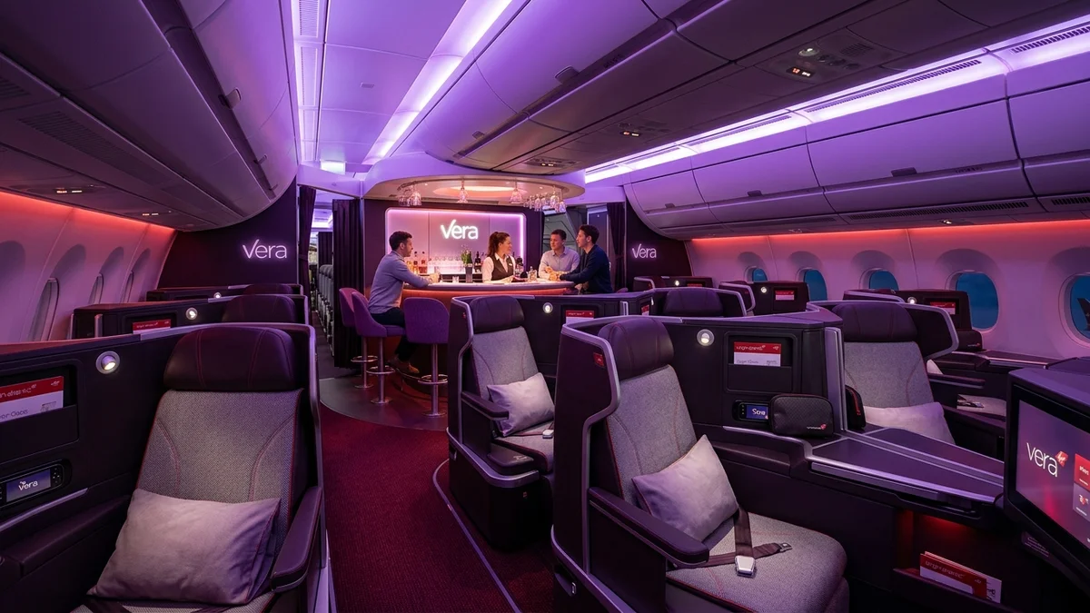Virgin Atlantic Upper Class cabin with purple mood lighting and Vera Social Bar