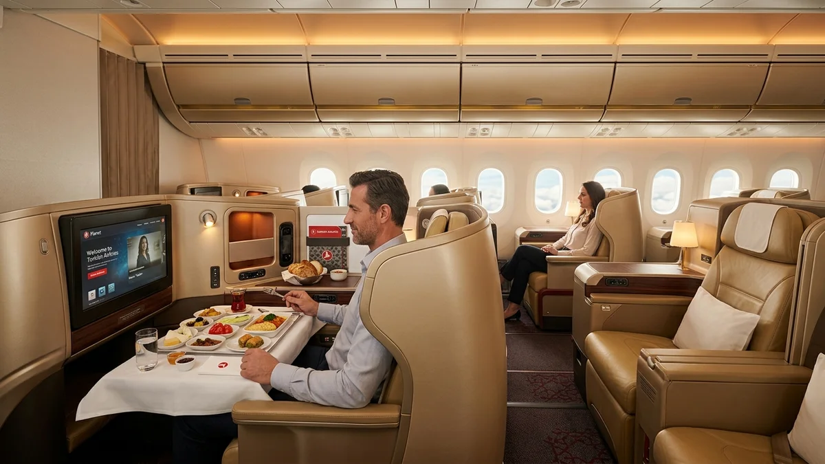 Turkish Airlines Business Class with champagne gold leather seats and Turkish breakfast service