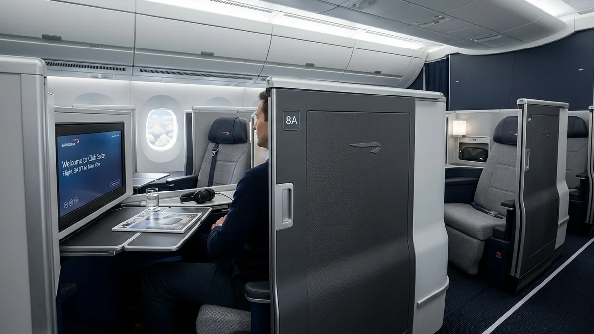 British Airways Club Suite A350 — sliding privacy door, grey fabric seats, BA branding