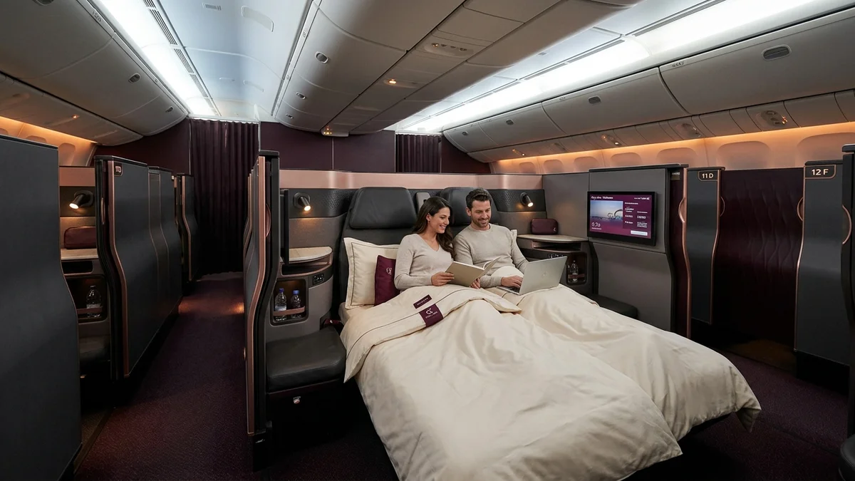 Qatar Airways QSuite double bed configuration — graphite leather, rose gold accents, couple relaxing