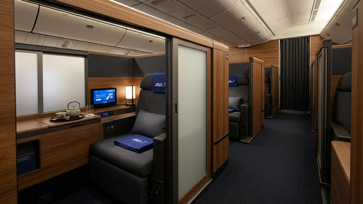 ANA The Room business class suite showing the spacious enclosed pod with Japanese minimalist design and warm wood finishes