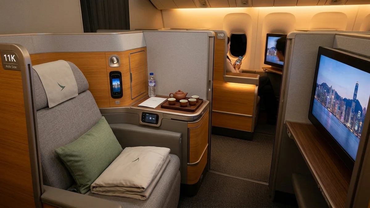 Cathay Pacific Aria Suite business class with sliding privacy door, warm honey-toned wood accents, and elegant East Asian design