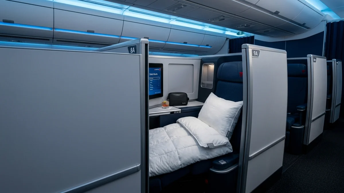 Delta One Suites business class cabin on the A350 showing enclosed suites with closing doors and modern American design