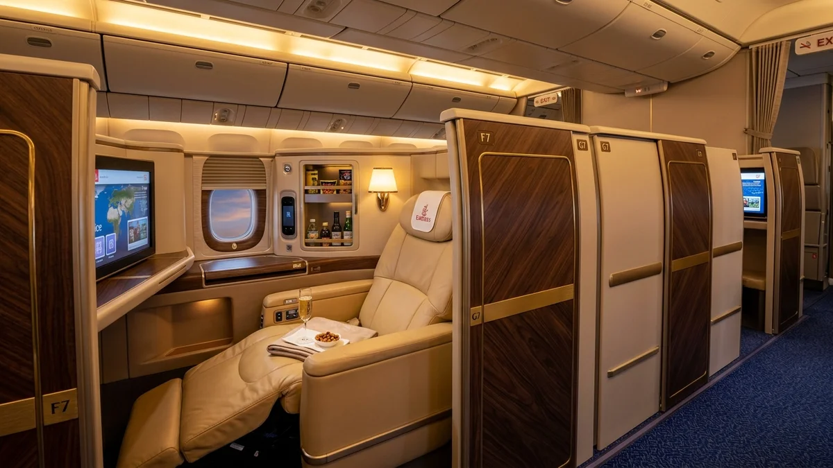 Emirates Game Changer business class suite on the Boeing 777 with enclosed pod, warm cream leather, and walnut wood finishes