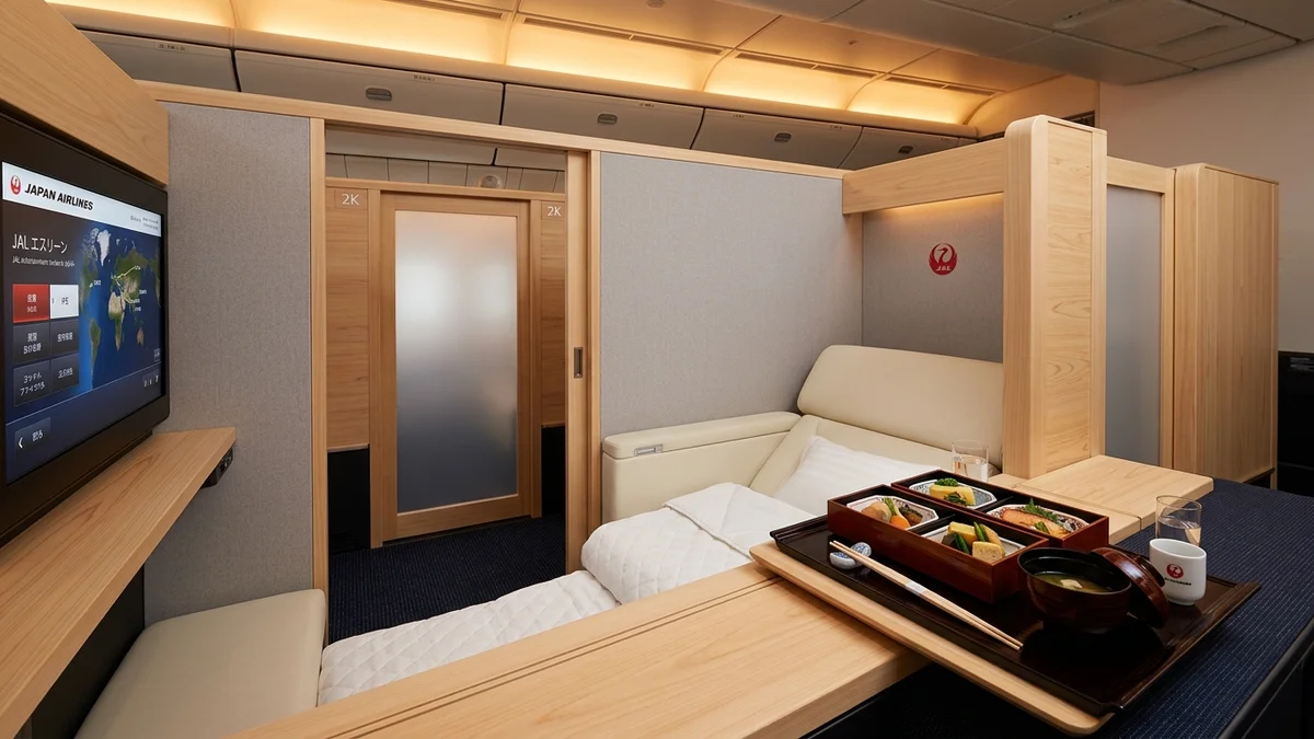 Japan Airlines The Suite business class with enclosed pod design, warm Japanese wood finishes, and a traditional Japanese meal set