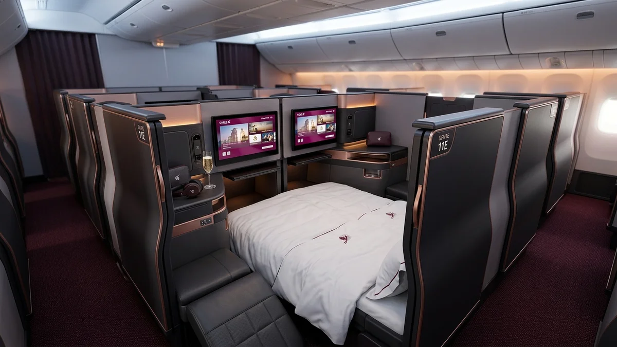 Qatar Airways QSuite business class cabin interior showing the iconic enclosed suite with sliding door and lie-flat bed