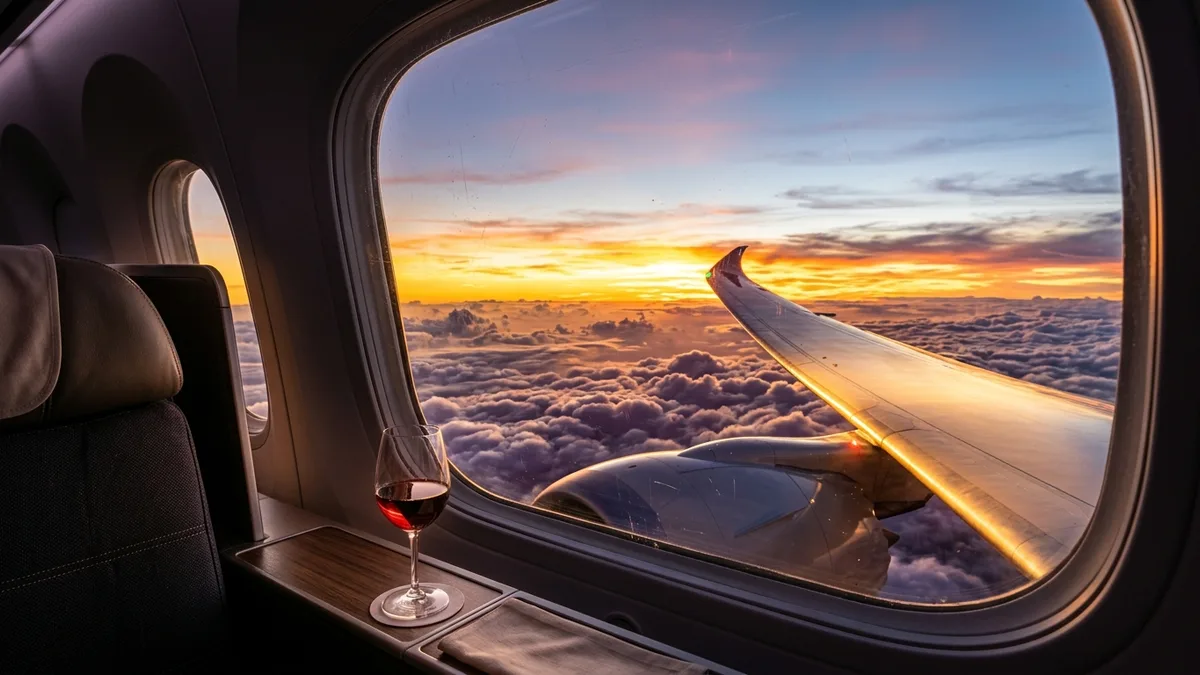 Sunset view from a business class airplane window at 35,000 feet