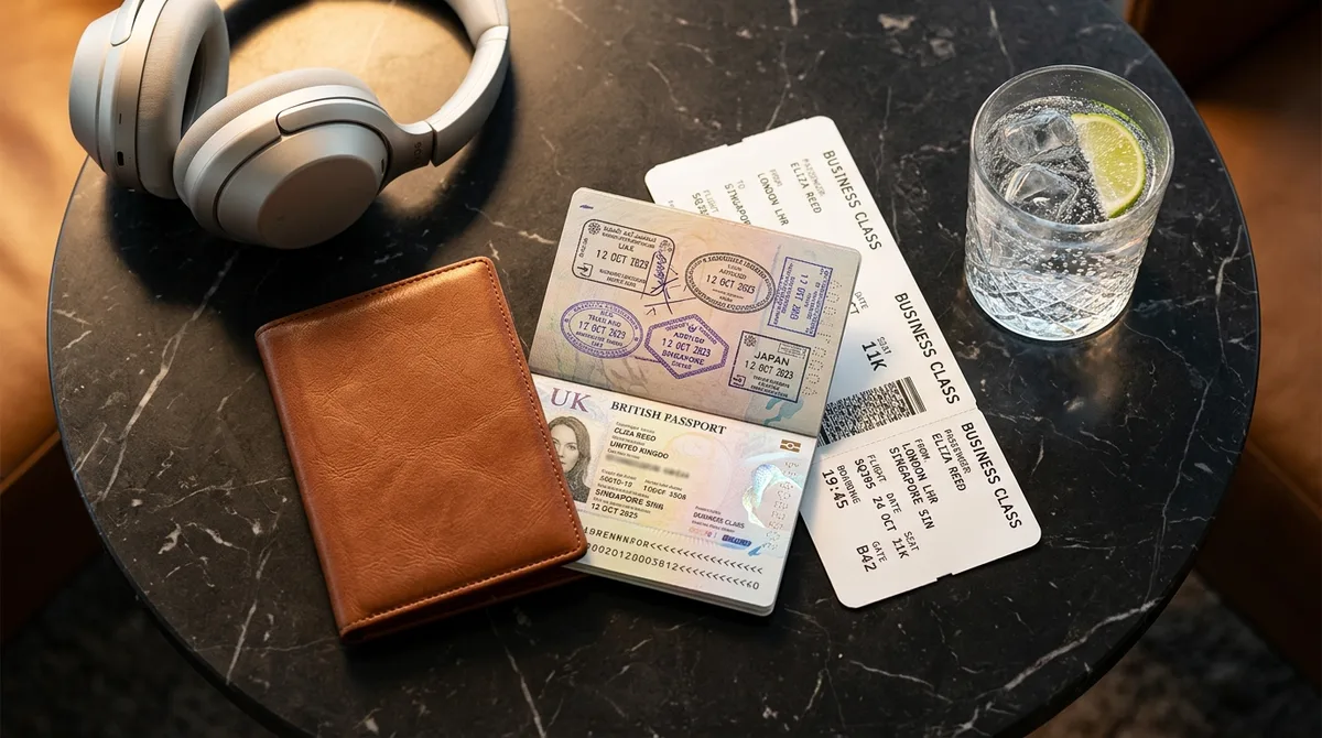 Business class boarding pass and passport on airport lounge table