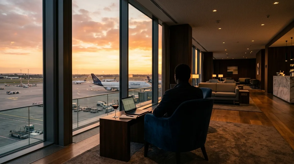 Business class lounge with aircraft visible through windows at sunset