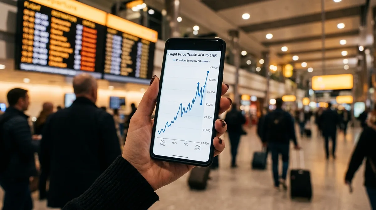 Smartphone showing flight price tracking with upward trend graph