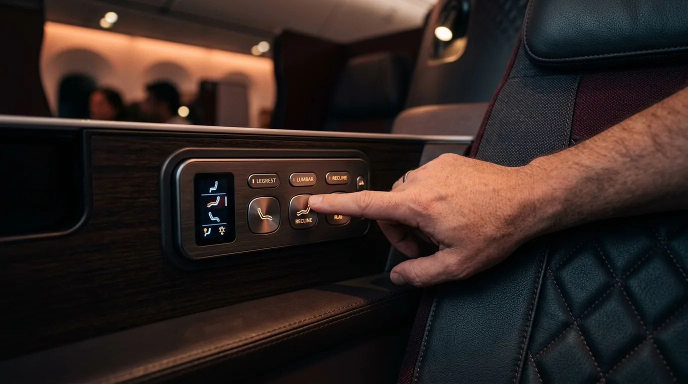 Business class lie-flat seat controls close-up