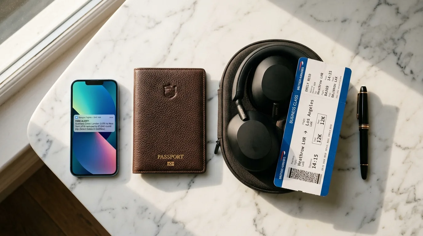 Business class travel essentials flat-lay