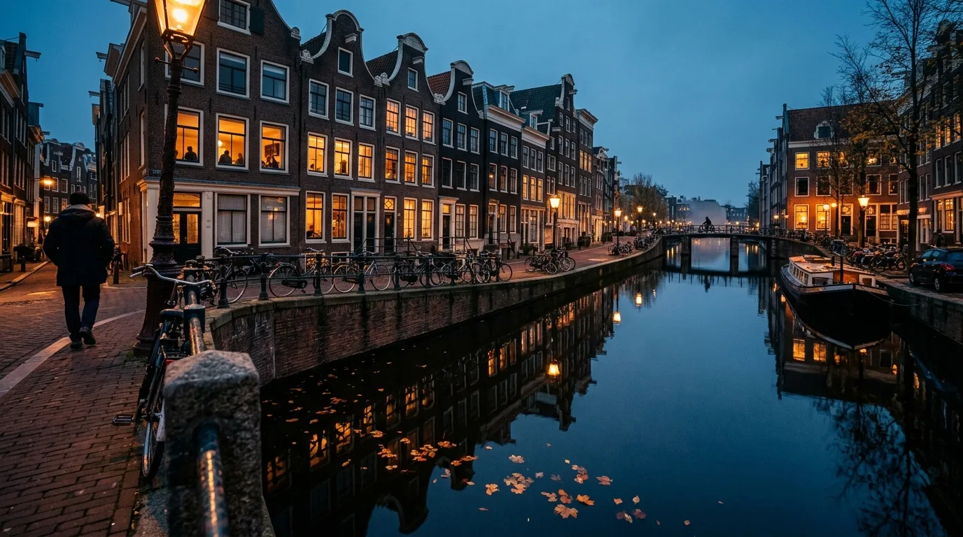 Amsterdam canal houses reflected in still water at blue hour