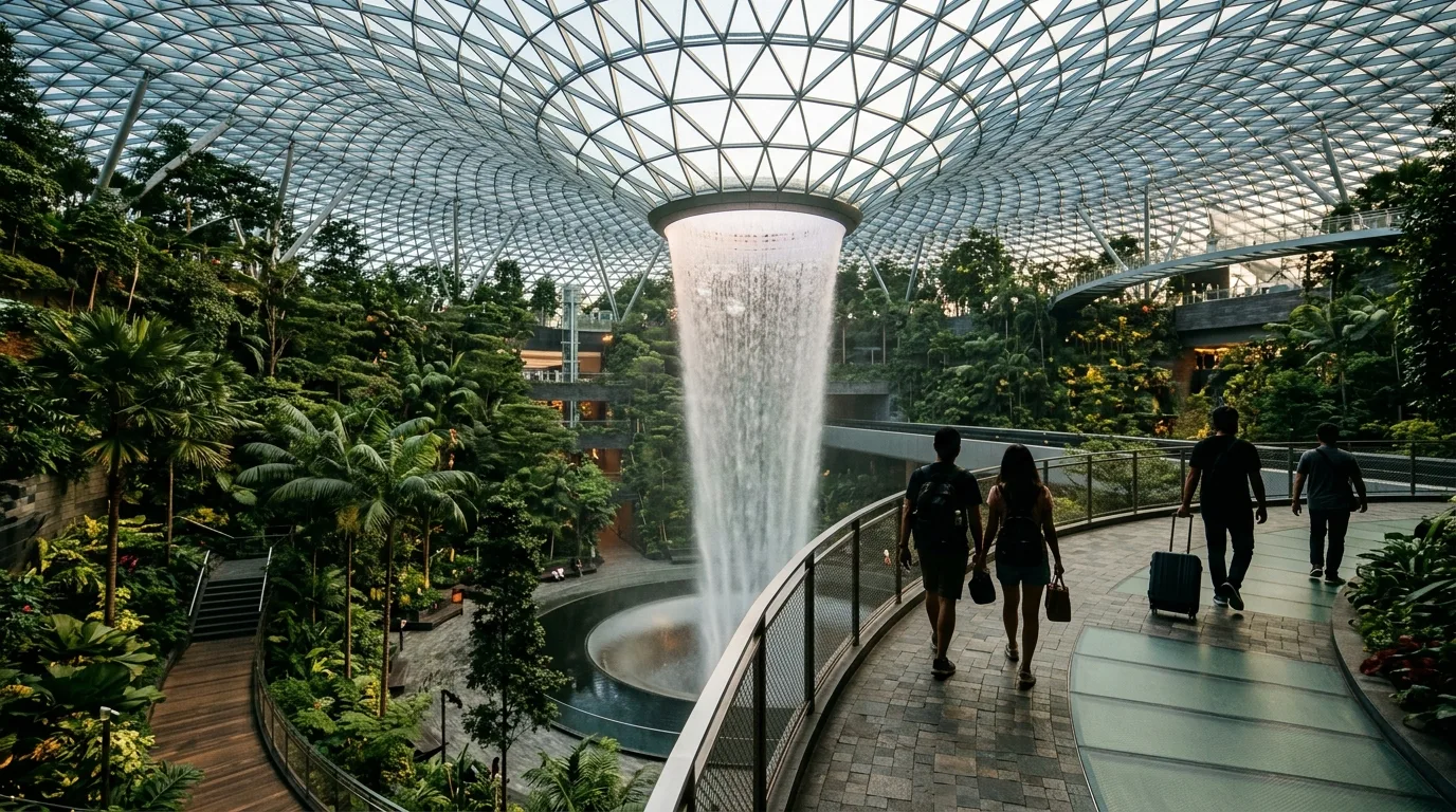 Singapore Changi Airport transit area with indoor waterfall