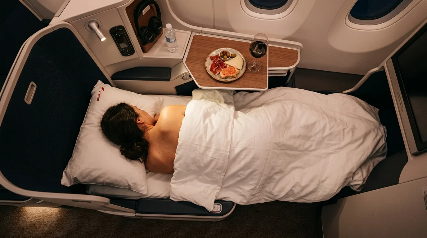 Iberia business class lie-flat seat with Spanish cuisine