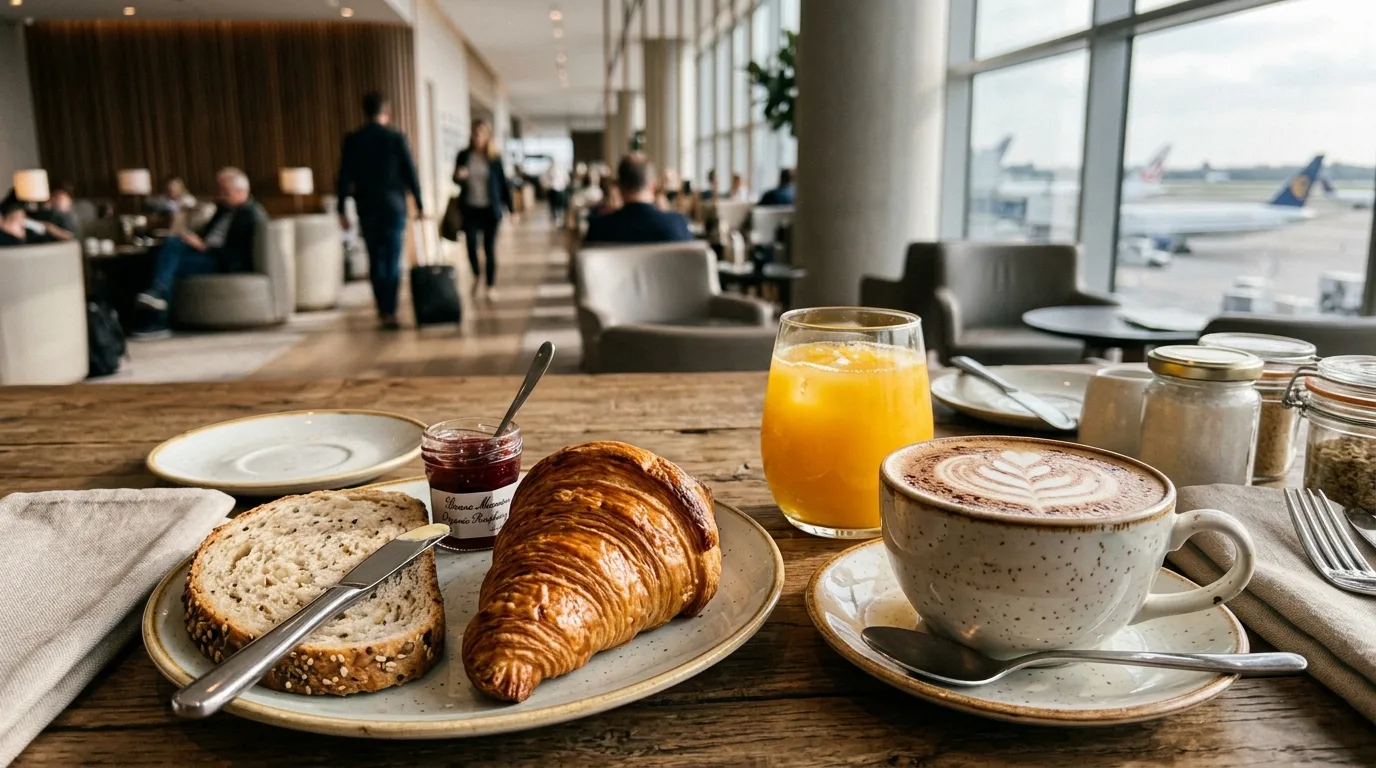 Premium airline lounge breakfast spread