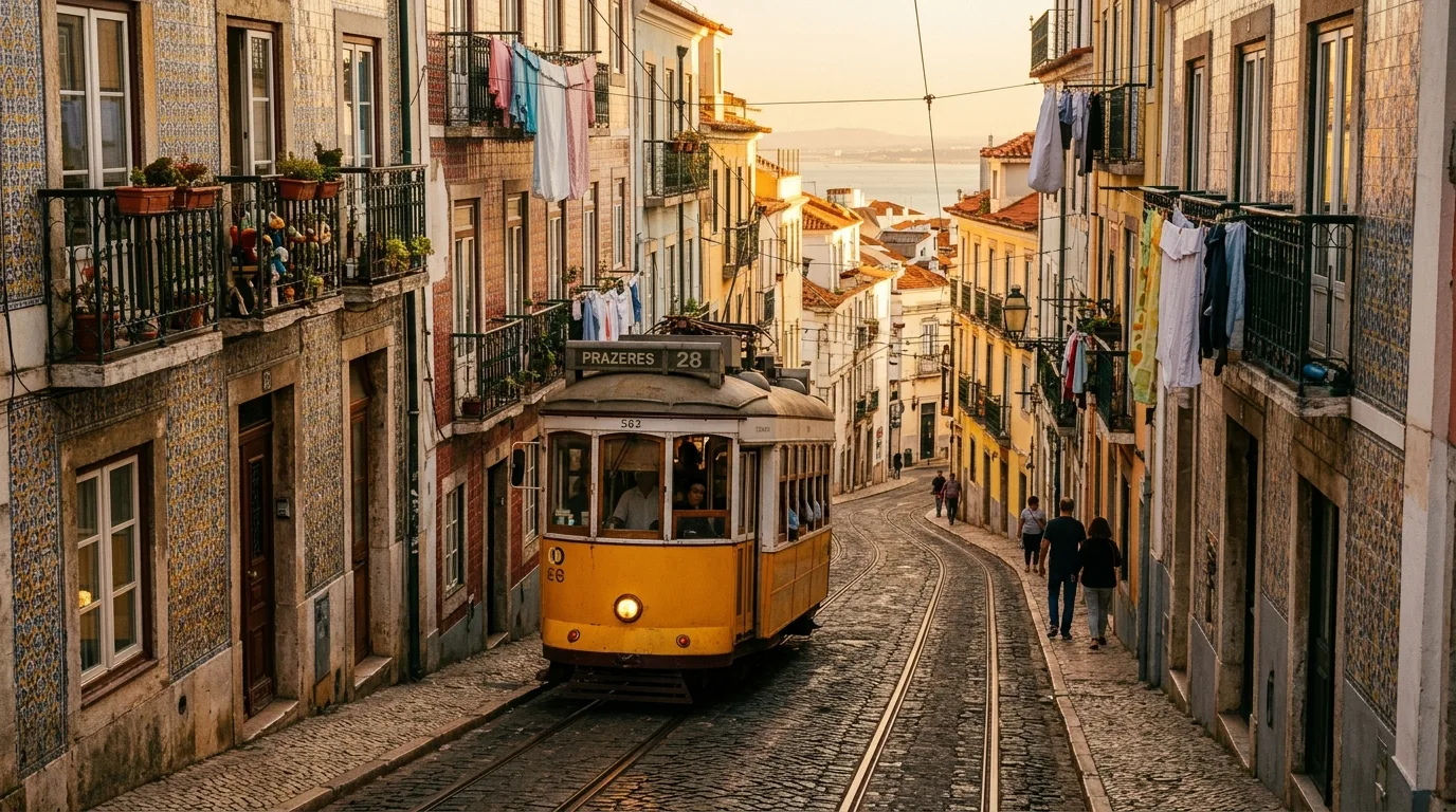 Lisbon Tram 28 climbing through the Alfama district