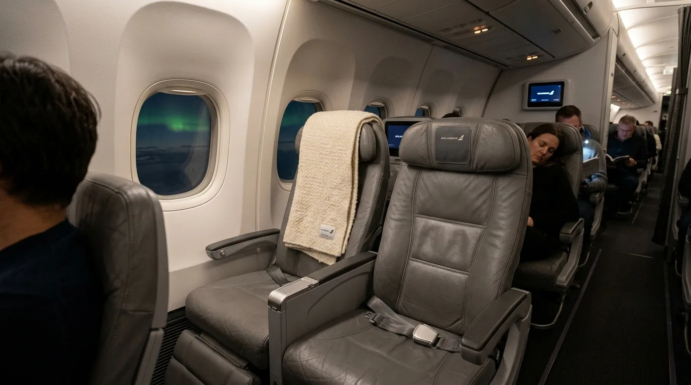 Icelandair Saga Premium seat with Icelandic wool blanket
