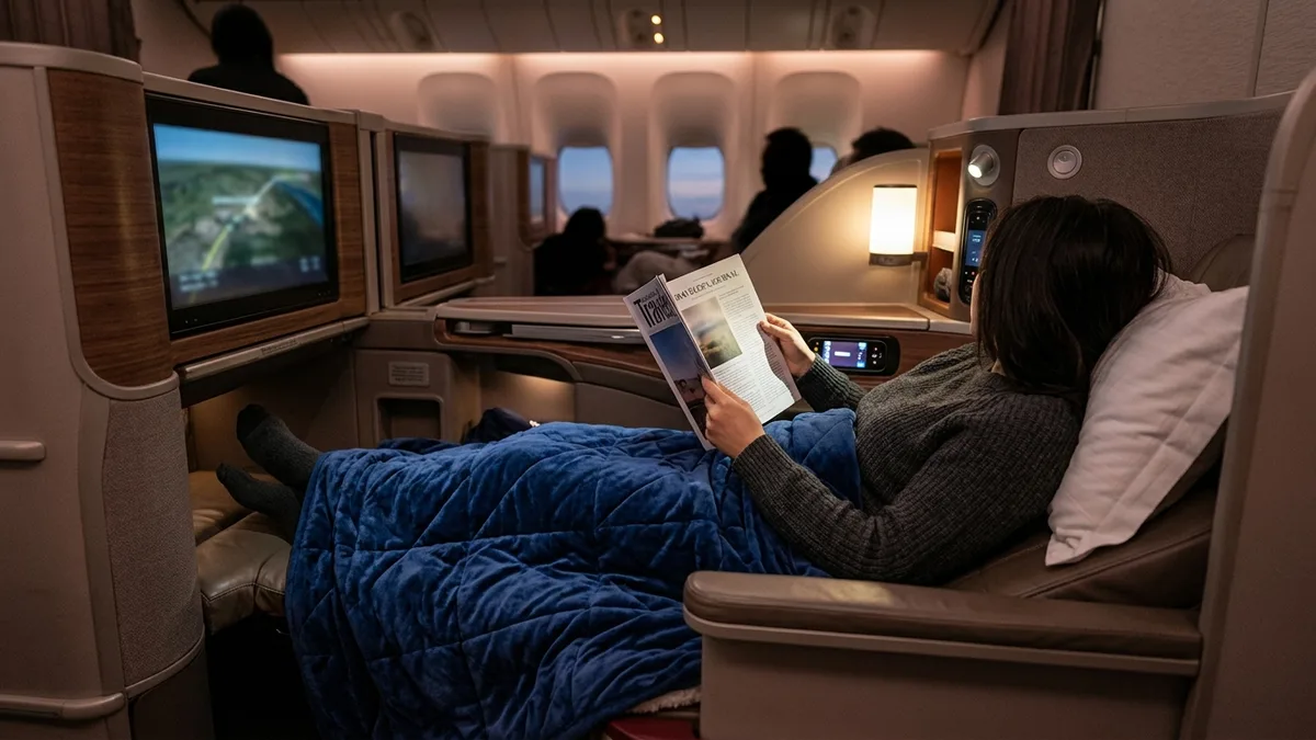 Relaxing in a business class lie-flat seat