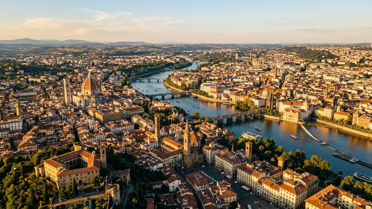 European destination city from above at golden hour