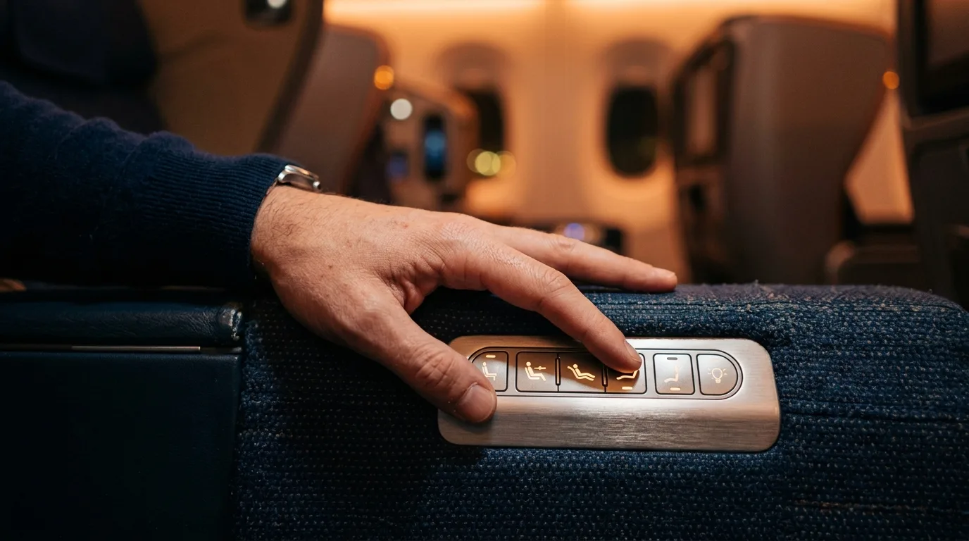 Business class lie-flat seat controls close-up