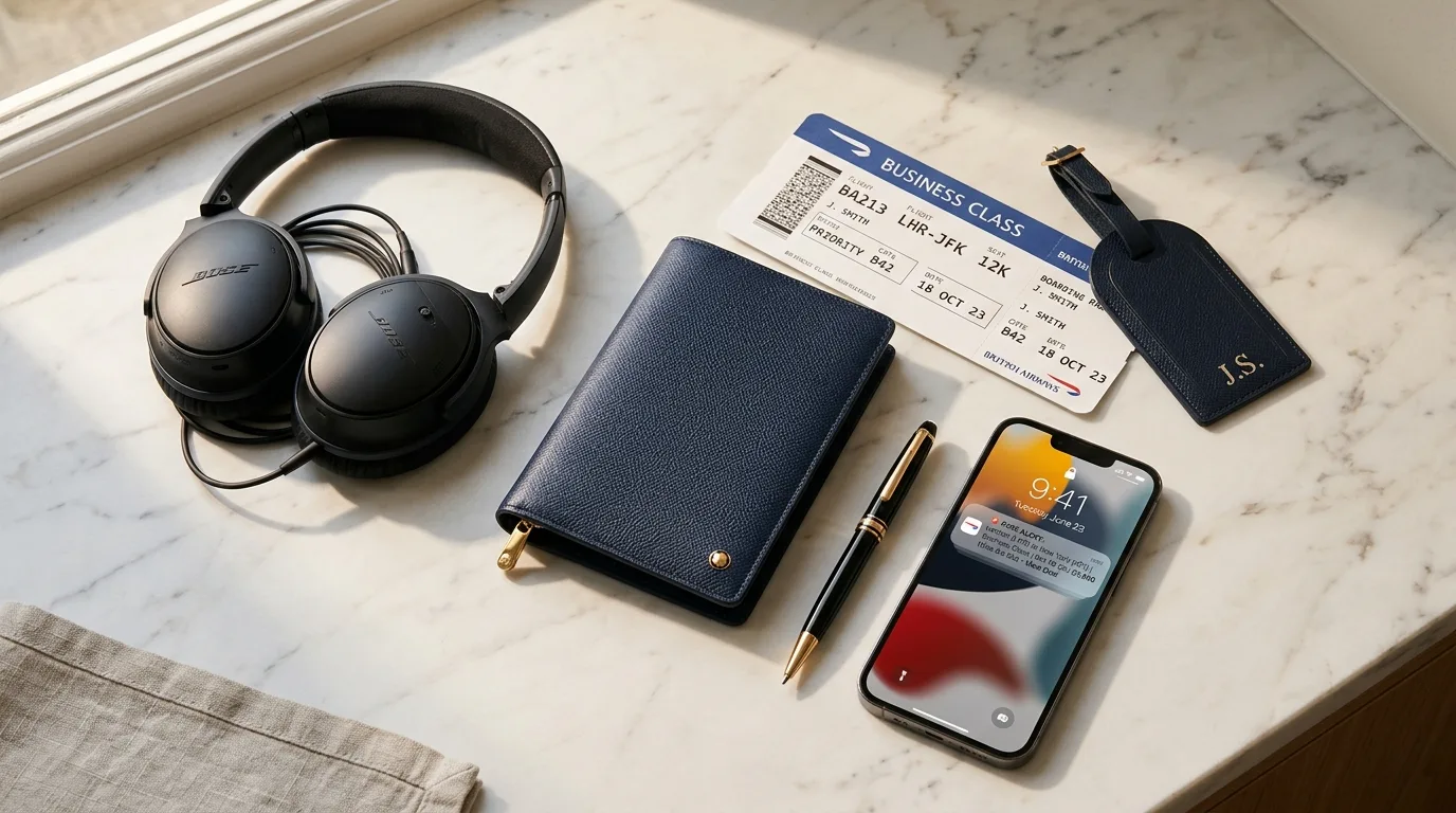 Business class travel essentials flat-lay