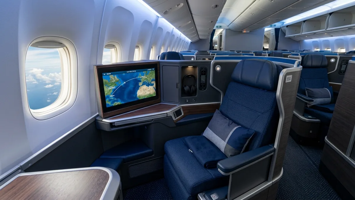 Delta One Suite reverse-herringbone cabin with ambient lighting