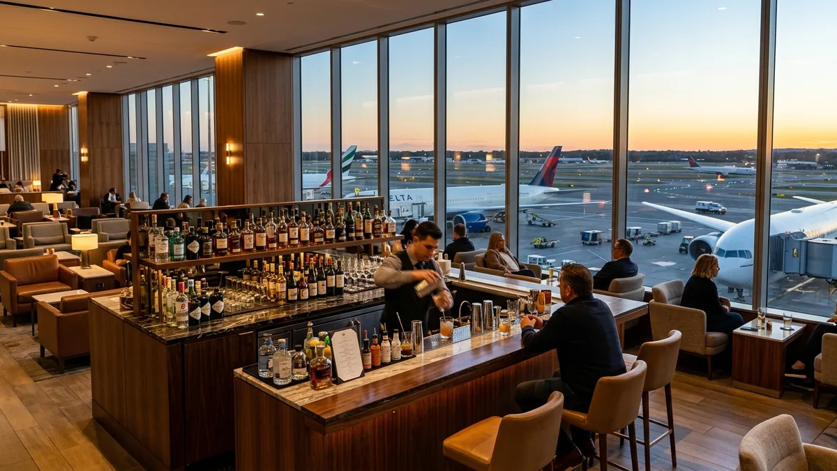 Premium airline lounge with bar and runway views