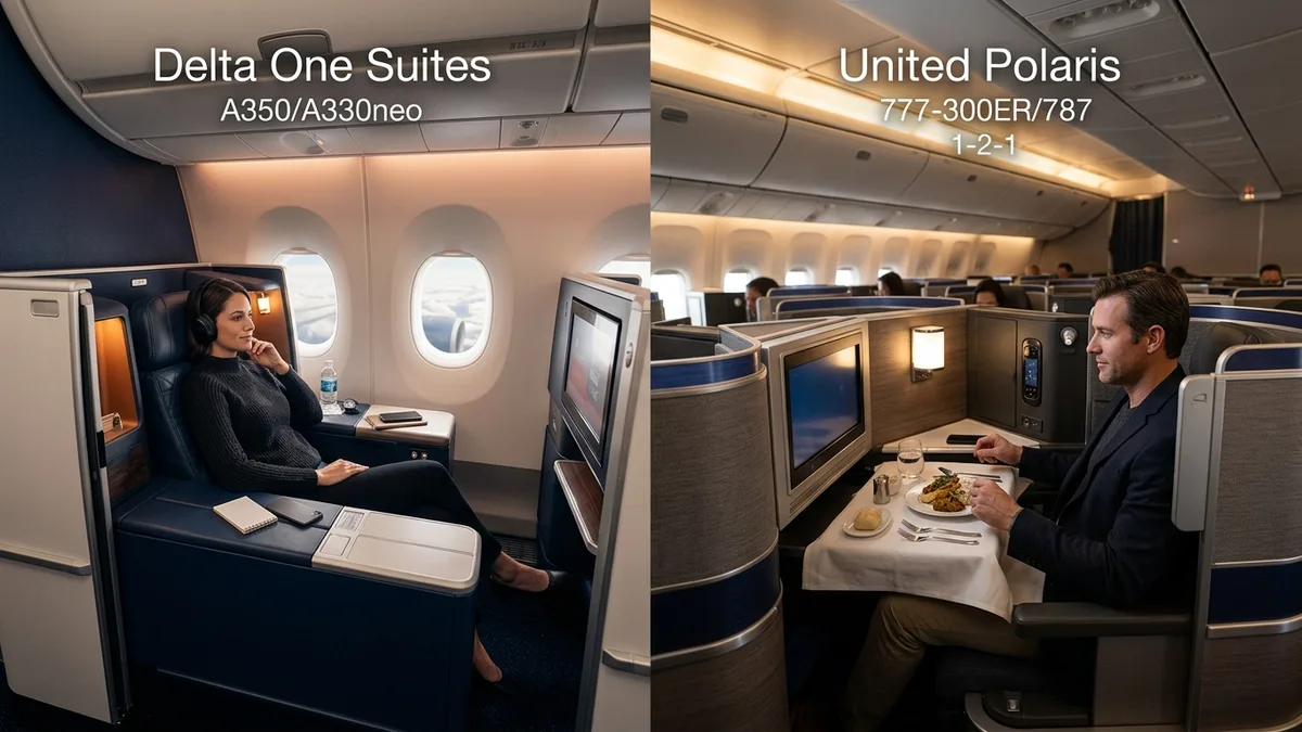 Side-by-side comparison of two US airline business class cabins