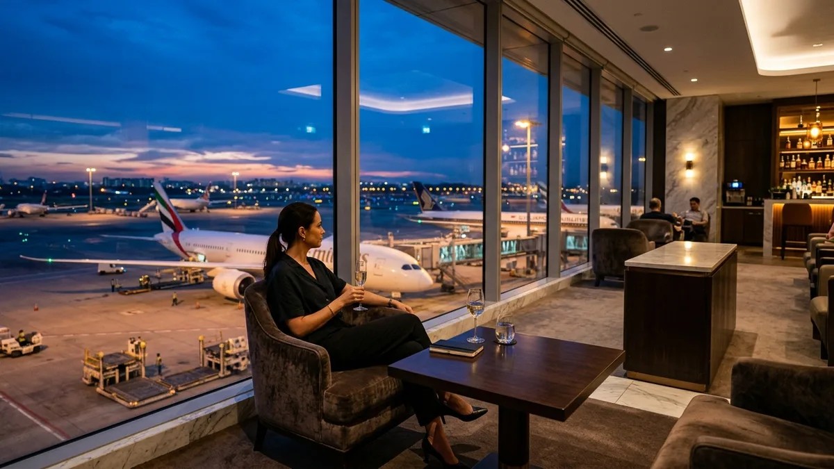 Premium airline lounge with tarmac view at dusk