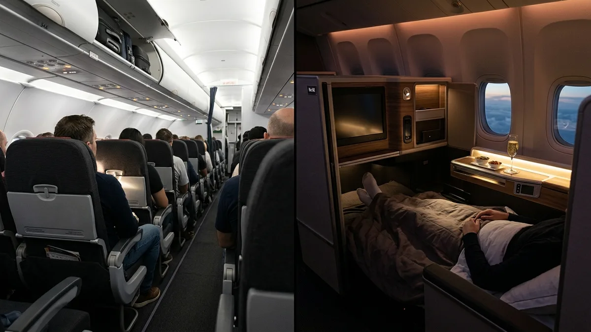 Economy class seat compared to business class lie-flat seat on a long-haul flight