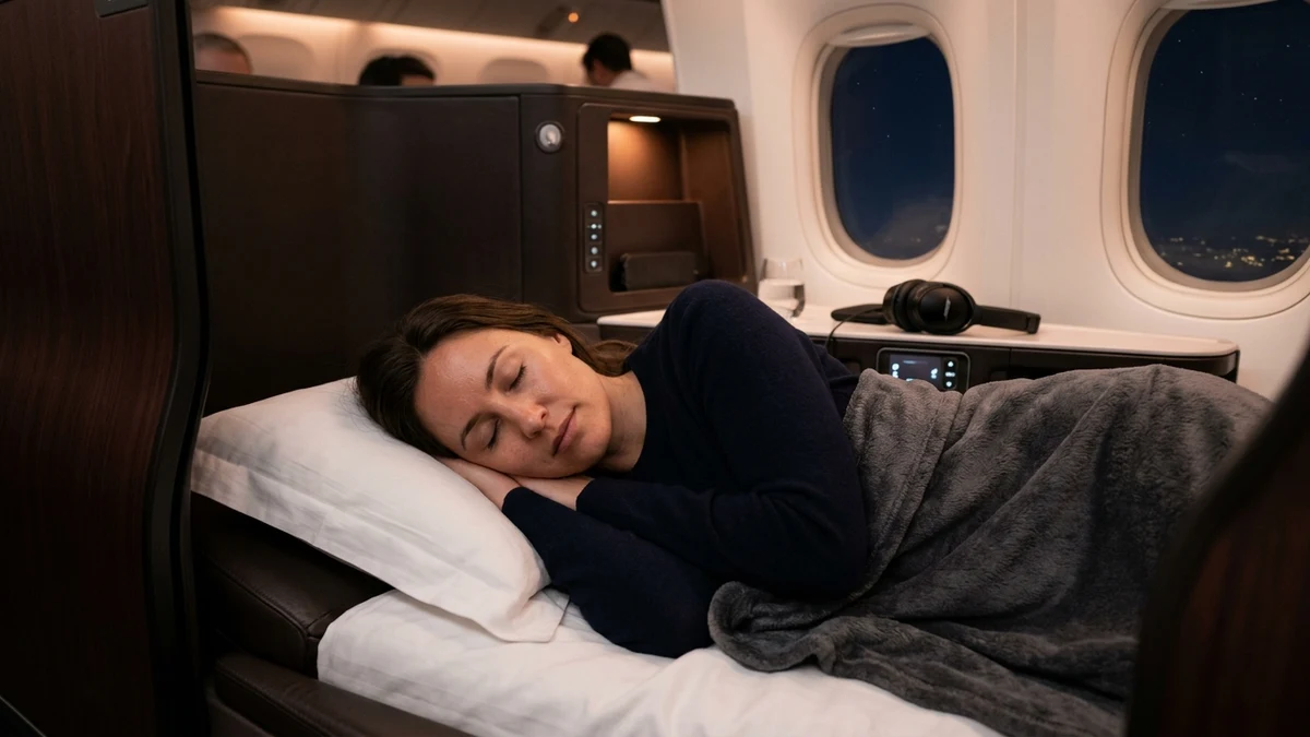 Passenger working on a laptop in a business class lie-flat seat