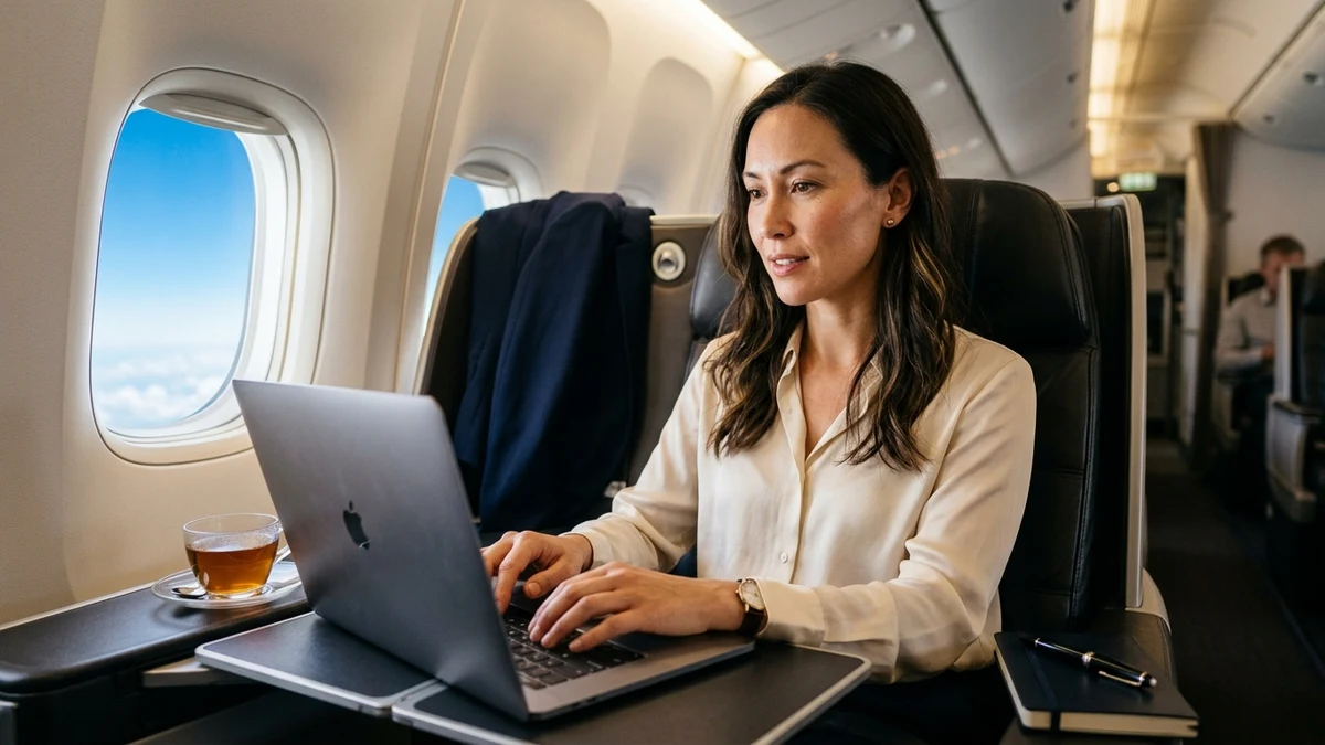 Professional woman working on laptop in business class seat with natural window light