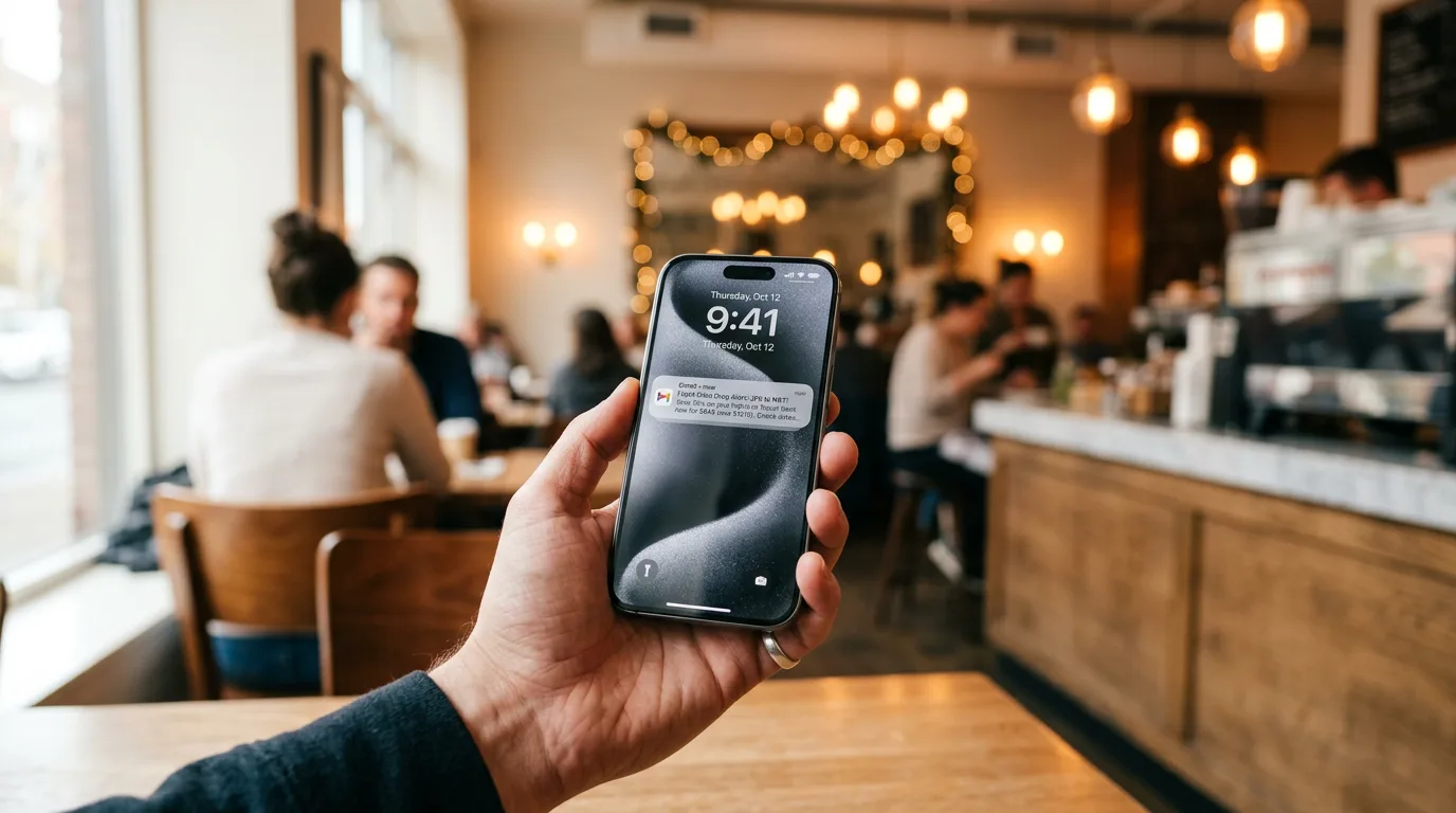 Smartphone showing a price drop notification for business class flights