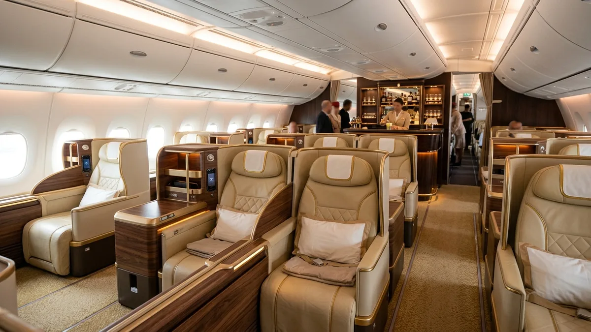 Emirates business class cabin with onboard bar and wood finishes