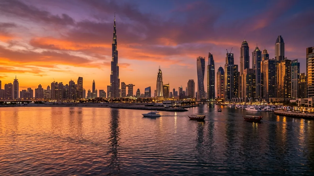 Dubai skyline with Burj Khalifa at sunset