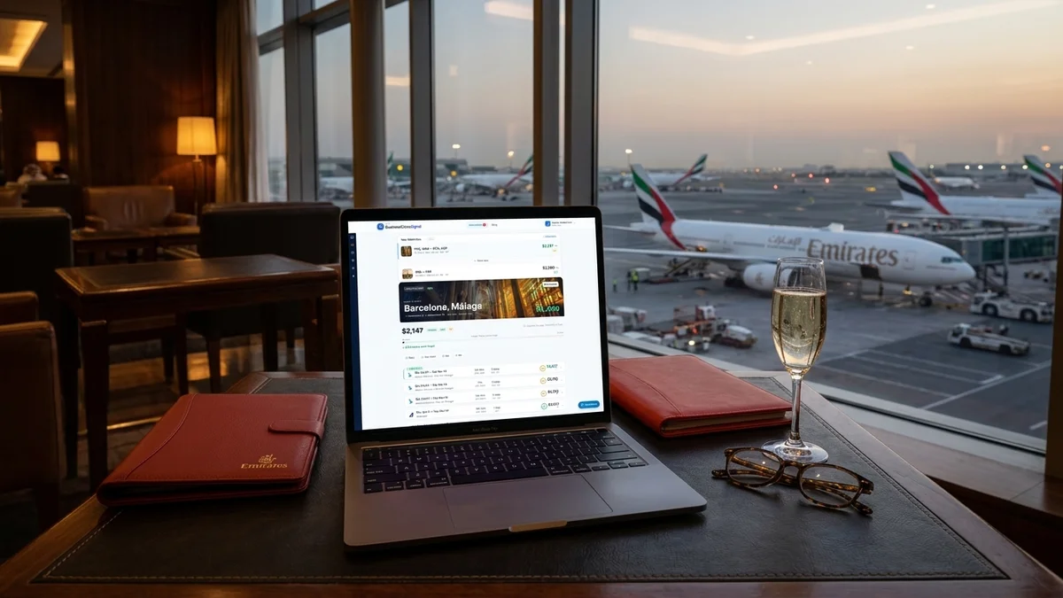 BusinessClassSignal deal tracking dashboard with multi-airline fare comparison
