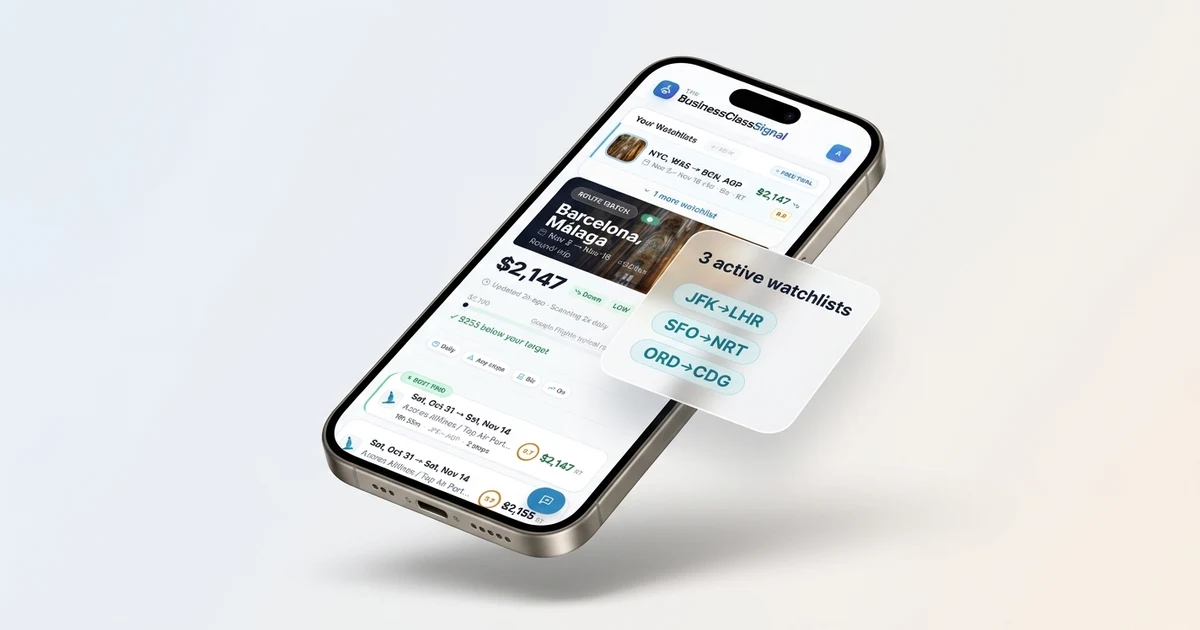 BusinessClassSignal multi-device dashboard showing watchlists on laptop and iPhone