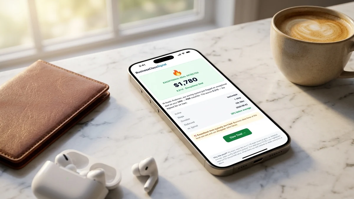 BusinessClassSignal price alert notification on laptop and phone in home office