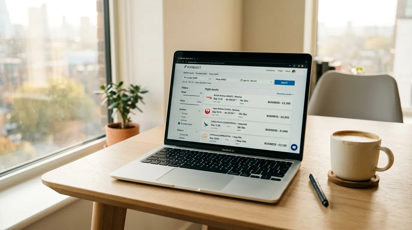 Laptop showing flight search results with business class pricing