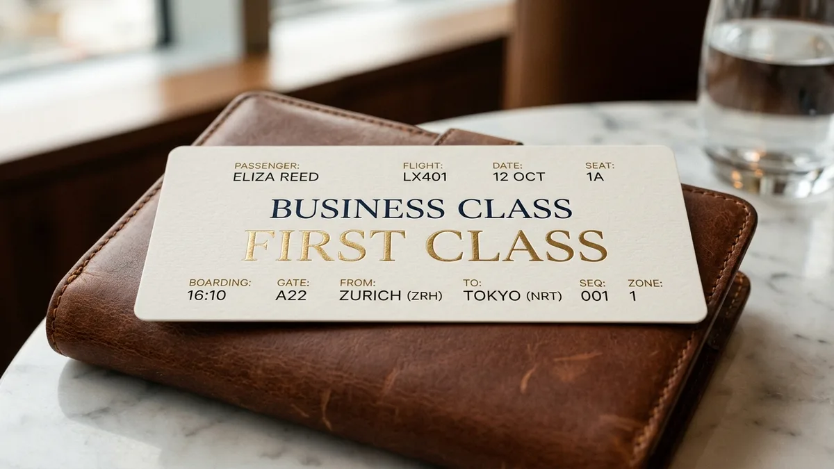 Premium business class boarding pass on a passport holder
