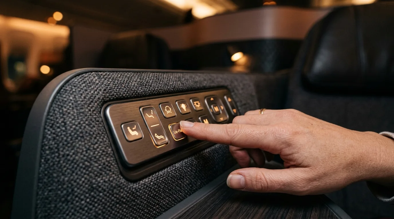 Business class lie-flat seat controls close-up